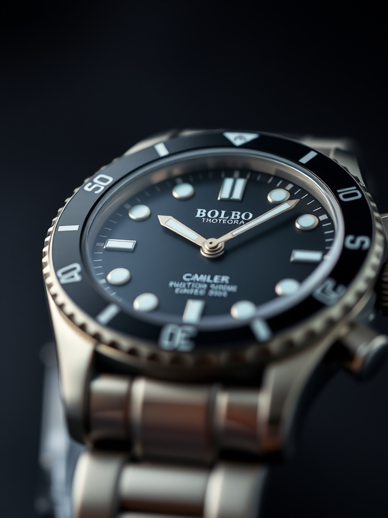 close-up of a luxury stainless steel watch with a black dial and bezel, shallow depth of field, soft lighting, 50mm lens, f/1.8 aperture, ISO 100, shot with a DSLR camera from a 45-degree angle for enhanced texture and detail