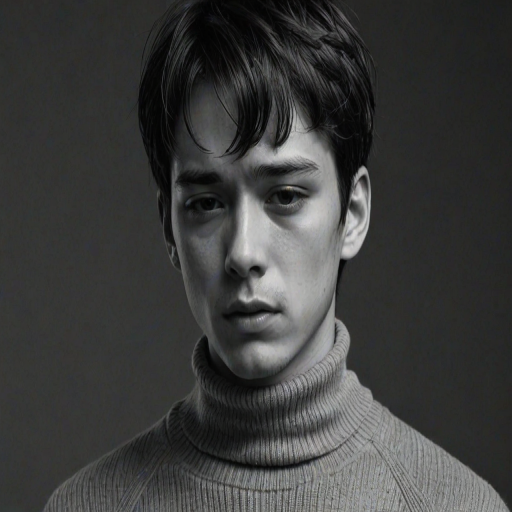 tsurime, 1boy, black background, crying, crying with eyes open, greyscale, looking down, male focus, monochrome, parted lips, portrait, shirt, short hair, simple background, solo, sweat, tears, teeth, turtleneck, turtleneck sweater