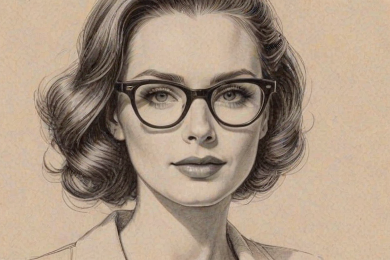 Enchanting Maroon 5, pencil sketch, portrait of Splendid woman 1955s in glasses, hair style beatnik, outline, clear lines, fine lines, 8k