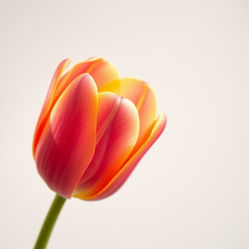 Generate an image of a vibrant pink and yellow tulip on a simple background, shot with a DSLR camera at f/2.8 aperture, 50mm lens, ISO 100, natural lighting with a shallow depth of field to enhance focus on the flower.