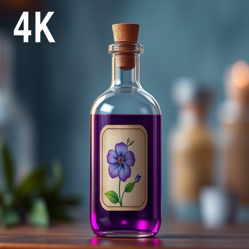 Create a digital illustration of a vintage glass bottle with a cork stopper filled with purple liquid, featuring a label with a simple design of a purple flower and green leaves, using a soft focus effect, lighting that highlights the glass, shot from a slightly elevated angle, with a resolution of 4K.