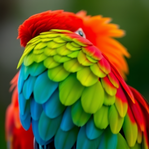 close-up of a vibrant macaw parrot with bright red, green, and blue feathers, shallow depth of field, 85mm lens, f/1.8 aperture, ISO 100, natural light, DSLR camera.