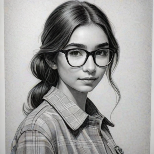 Gorgeous Rowan Blanchard, pencil sketch, portrait of Splendid woman 1970s in glasses, hair style beatnik, outline, clear lines, fine lines, 8k