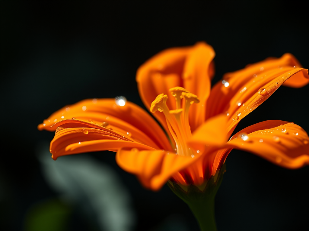 Capture a close-up of a vibrant orange flower with water droplets on the petals, illuminated by soft natural light, using a Canon EOS R5, 85mm f/1.4 lens, aperture set to f/2.8, shutter speed 1/200s, ISO 100, shallow depth of field, with a blurred dark background to enhance focus on the flower.