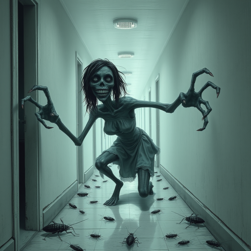 a crooked female with long arms and a creepy smile is crawling along a long white corridor and you can also see cockroaches in it there is a creepy atmosphere creepy art style