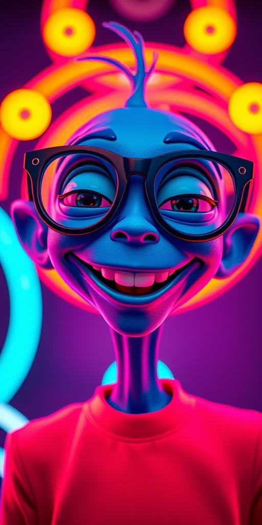 Create a vibrant and playful portrait of a blue, cartoonish alien character with oversized glasses and a wide smile, surrounded by colorful circular neon lights; use a 50mm lens, f/1.8 aperture, ISO 100, and studio lighting with soft diffusion for even illumination.