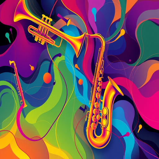 Create an abstract digital illustration featuring vibrant musical instruments like trumpets and saxophones intertwined with fluid lines and shapes, focusing on a modern artistic style, shot from a top-down view, using a high-resolution digital camera setting with a 50mm lens, f/1.8 aperture, and vibrant color contrast.