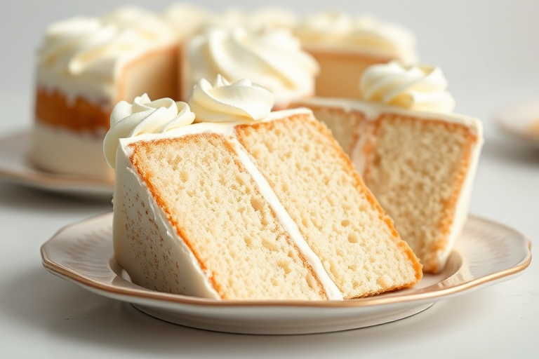 A close-up view of three slices of white cake with fluffy whipped cream frosting arranged on a decorative plate with a light background and soft focus on additional cake slices in the background. The cake has a rich texture and is beautifully presented with swirls of frosting on top.