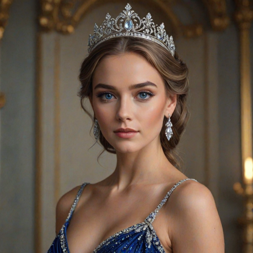 A gorgeous woman in a luxurious blue gown, accessorized with a dazzling tiara and statement earrings, her deep blue eyes highlighted by impeccable makeup, poised in a royal setting, photorealistic, 8K quality