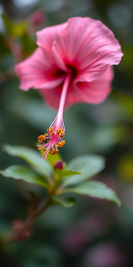 Close-up shot of a pink hibiscus flower with soft blurred background, f/2.8 aperture, 50mm lens, ISO 100, natural lighting, DSLR camera, shallow depth of field, vibrant colors.