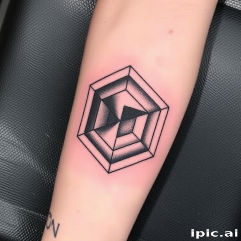 Mesmerizing optical illusion tattoo on the forearm, creating a three-dimensional cube pattern that appears to shift and move, utilizing precise linework and shading to achieve the mind-bending effect