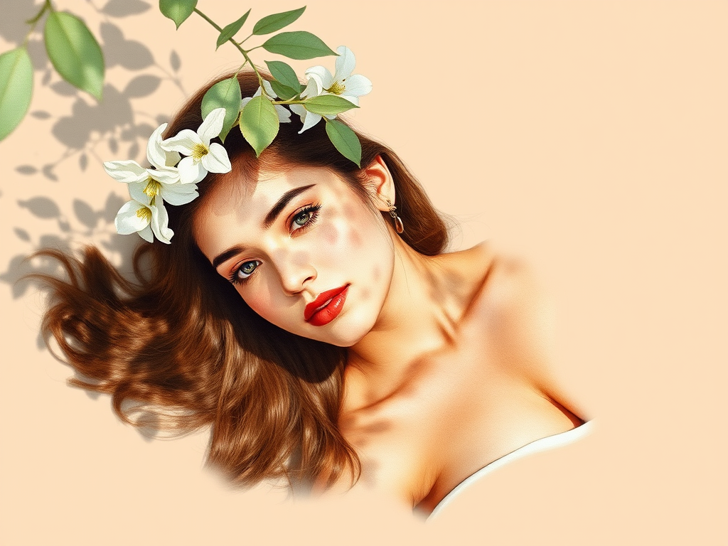 create a watercolor painting of an ethereal portrait of beautiful Assyrian woman with a simple white flower crown on her head. Her hair is long and she is lying on the ground. The sunlight on the trees casts shadows from the leaves on her face and body. The background is a neutral brown color that matches her skin tone. The image is minimalist and solid colors. This style is characterized by soft, delicate brushstrokes and a light, airy, contrasting color palette. High level of detail and play of light