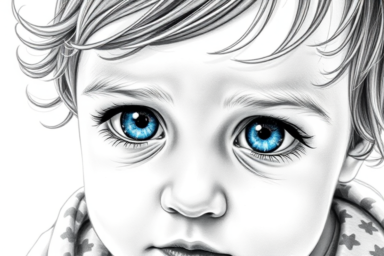 A hyperdetailed photorealistic black and white sketch of a beautiful toddler with deep blue eyes, with a macro focus