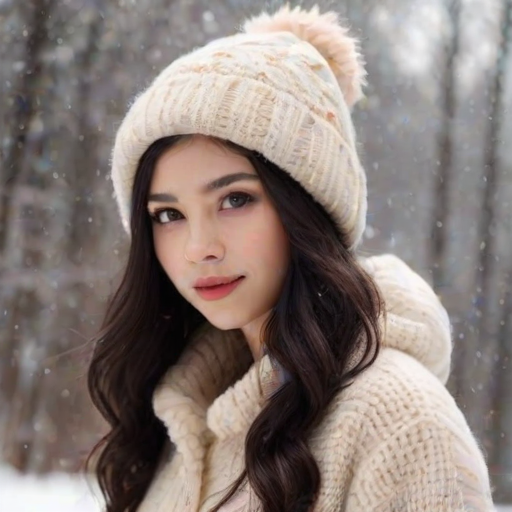 Her head is topped with a light-colored, fluffy winter hat that adds an element of coziness and contrasts with her floral outfit. The hat, along with her soft, wavy dark hair, which has hints of lighter tones towards the ends, enhances the whimsical, dreamy quality of the scene."