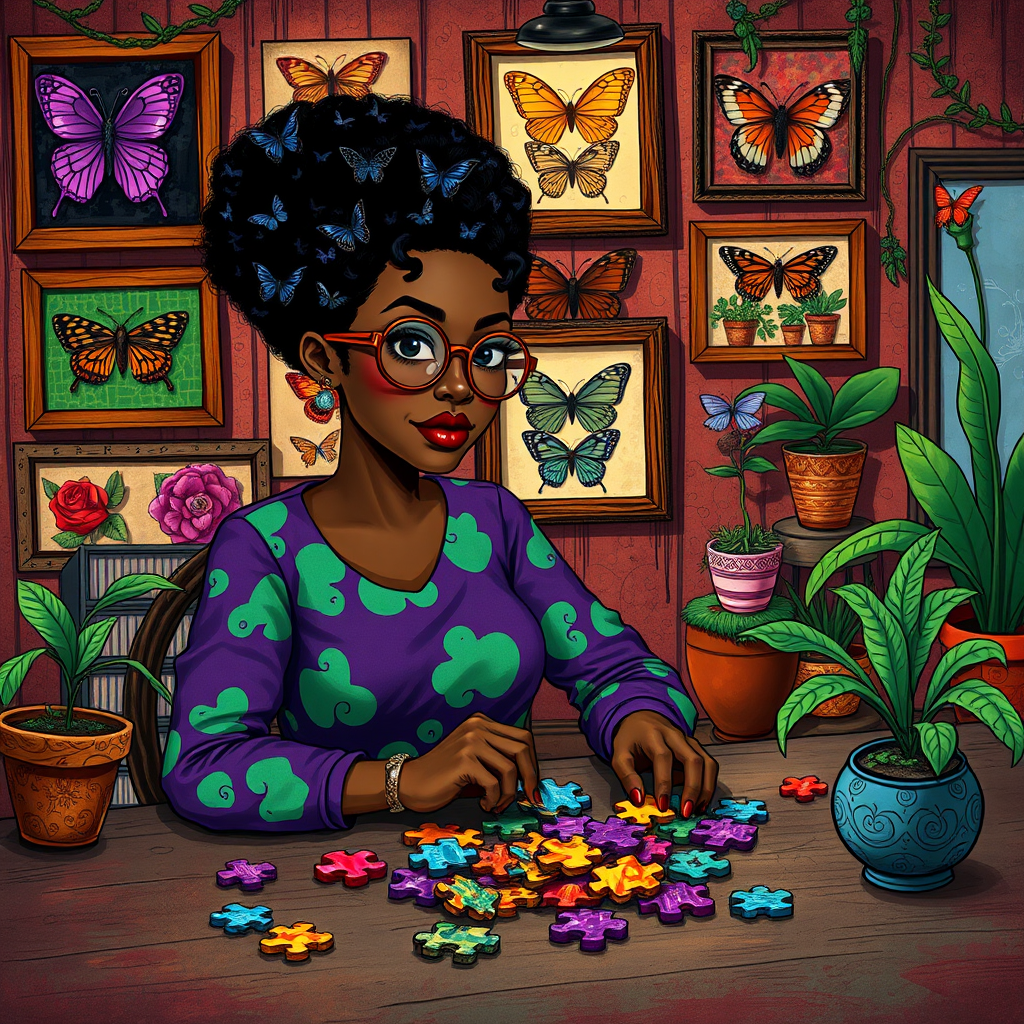 A vibrant and whimsical illustration of an african american woman sitting at a table working on a colorful jigsaw puzzle. she is wearing round glasses, and patterned clothing in shades of purple and green.  The background features an eclectic collection of framed butterflies, potted plants, and other natural elements, creating a warm and inviting atmosphere. The style is playful and modern, with rich textures, intricate details, and a lively color palette.