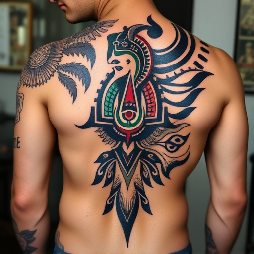 Tribal fusion tattoo named "Ancient Echo" blending traditional Polynesian and Maori motifs with contemporary design elements, creating a bold and striking pattern that flows with the contours of the body