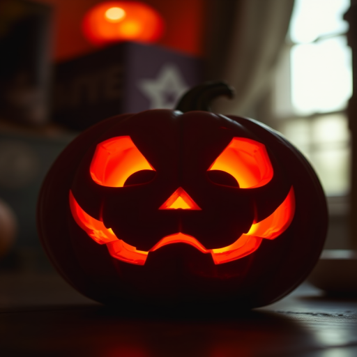 A glowing jack-o'-lantern with an expressive mischievous face in a dimly lit room, shallow depth of field, f/1.8 aperture, 50mm lens, ISO 200, soft natural light.
