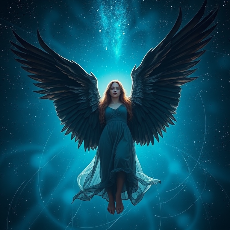 Create an ethereal image of a mystical female figure with large, dark wings soaring through a starry, deep blue background with swirling light effects, using a DSLR camera at f/2.8, ISO 100, 1/200s, wide-angle lens, capturing a dynamic perspective for enhanced detail and vibrancy.