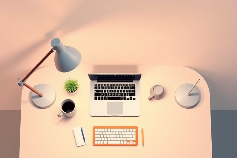 create a digital illustration of a modern desk setup featuring a laptop, a lamp, and a coffee mug, using a clean minimalist style, shot from a top-down view, with 4K resolution, f/2.8 aperture, and a balanced lighting setup to enhance color vibrancy and detail.