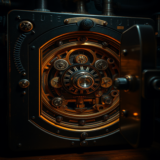 Regenerate a high-resolution image of an intricately designed mechanical safe with detailed gears and a glowing mechanism, shot with a Canon EOS R5, 50mm lens, aperture f/1.8, ISO 200, in a dimly lit steampunk setting with dramatic lighting to highlight textures and reflections.