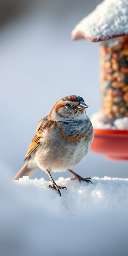 Capture a close-up of a sparrow perched on snow, with a blurred background of a bird feeder, using a DSLR camera at f/2.8 aperture, ISO 200, and a shutter speed of 1/500s, in natural light for enhanced detail and color vibrancy.