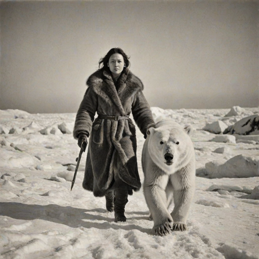 A very old photograph in black and white. The photo is badly damaged, faded, with scratches, tears, smudges and dirt. The photo is ultra-realistic and very detailed. It's a picture of an Arctic warrior. She is walking serenely towards the camera. At her side walks a majestic polar bear. Its fur shines in the sunlight. Snow, ice, sea. wind. snow in the air.