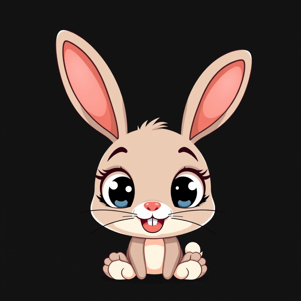 Create a cute cartoon bunny character with large expressive eyes and a playful smile, in a minimalist style on a solid black background, using a DSLR camera at f/2.8, 50mm lens, with a shallow depth of field to enhance detail and softness in the background.