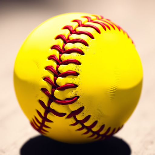 Create a vibrant illustration of a classic yellow softball with red stitching, capturing the texture of the ball using a close-up view, with a shallow depth of field, using a DSLR camera set at f/2.8, ISO 100, shutter speed 1/500s, in natural lighting.