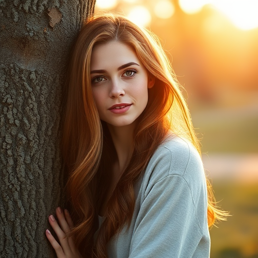 portrait of a woman with long, flowing auburn hair leaning against a tree, natural warm lighting, shallow depth of field, 85mm lens, f/1.8 aperture, ISO 100, soft focus background, golden hour glow, high-resolution DSLR camera
