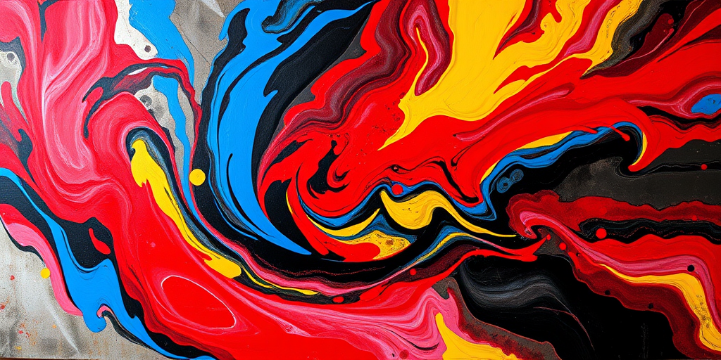 Create an abstract painting featuring vibrant swirling colors of red, blue, yellow, and black on a large canvas with a high dynamic range, using a DSLR camera at f/8, ISO 100, with a 50mm lens shot from a straight-on angle to capture detail and depth.