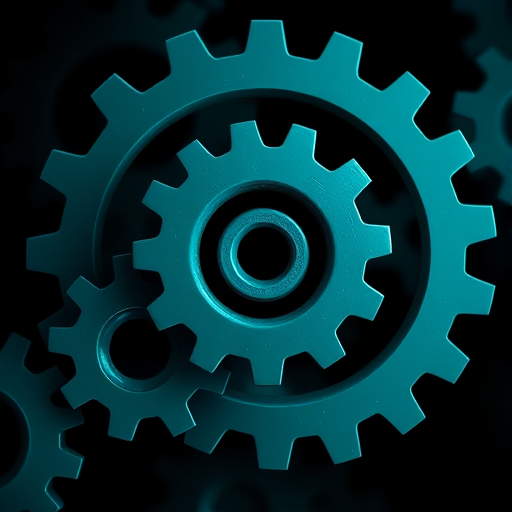 Create a detailed digital illustration of overlapping gears in various shades of teal against a dark background, using a macro lens for extreme detail, aperture set to f/8 for depth of field, and a resolution of 300 DPI to ensure high image quality.
