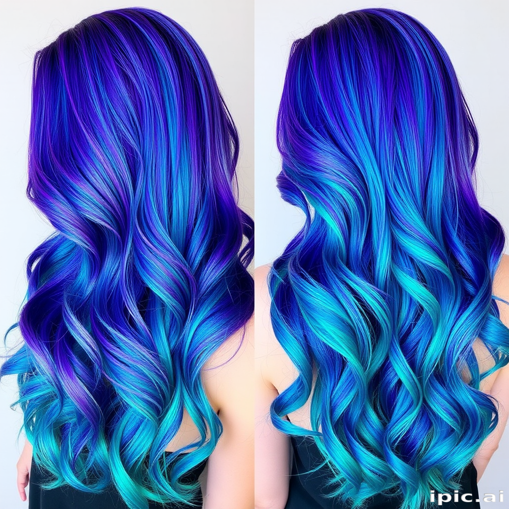 Mesmerizing holographic hair color shifting from purple to blue to green, styled in mermaid waves for an otherworldly "Galactic Siren" look
