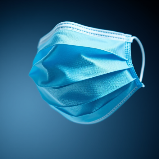 Create a high-resolution digital illustration of a blue surgical mask, featuring intricate details such as texture and stitching, captured with a 50mm lens at f/2.8, 1/125s shutter speed, ISO 100, in a studio lighting setup for clarity and vibrancy.