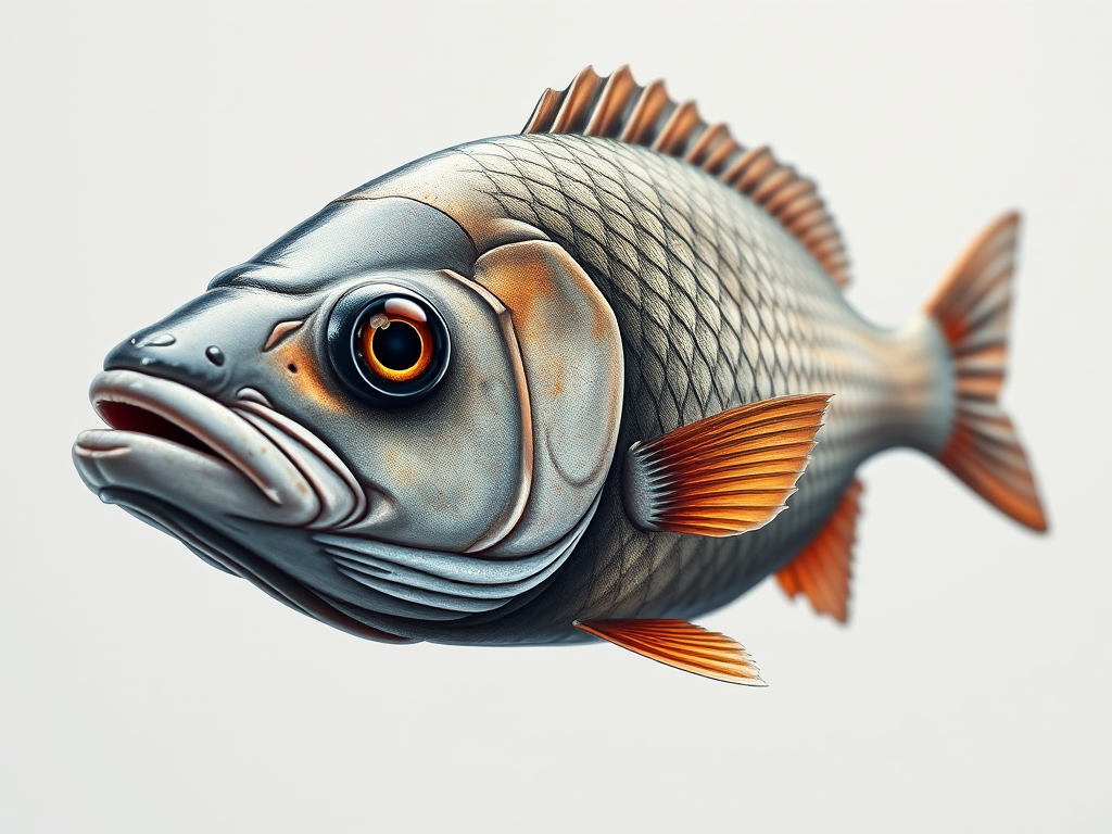 Create a highly detailed illustration of a fish, using a macro lens at f/8 for depth of field, capturing the intricate textures and features of its scales, in a studio setting with soft lighting to enhance shadows and highlights, utilizing a digital camera for crisp clarity.