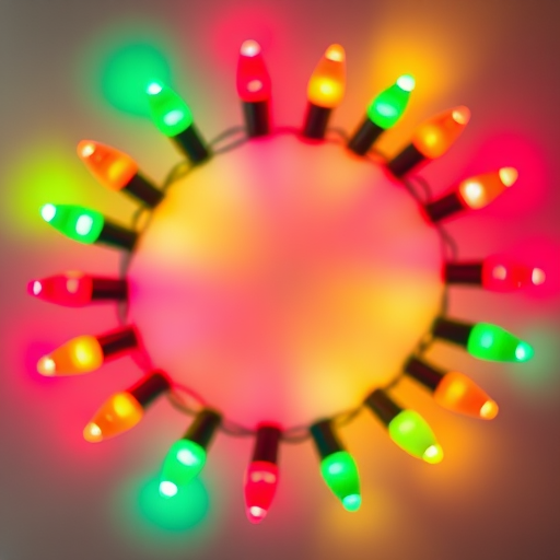Create a vibrant circular arrangement of multicolored Christmas lights on a transparent background, using a Canon EOS R5 camera, 50mm f/1.8 lens, aperture set to f/2.8, ISO 100, and a shallow depth of field to enhance the colors and details.