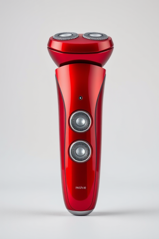regenerate an image of a modern red electric shaver with three circular blades, focus on sleek design, use a high-resolution camera, 50mm lens, f/2.8 aperture, ISO 100, natural light, and a slight angle from the front for depth enhancement