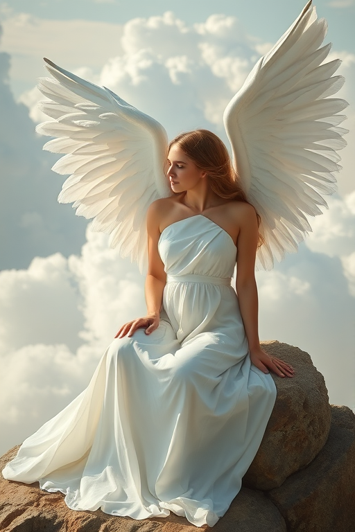 a serene angelic figure with large, flowing wings sitting gracefully, wearing a flowing white gown, softly lit with ethereal clouds in the background, captured with a DSLR camera at f/1.8, ISO 100, 50mm lens, in soft natural light, using a portrait style view for depth and focus