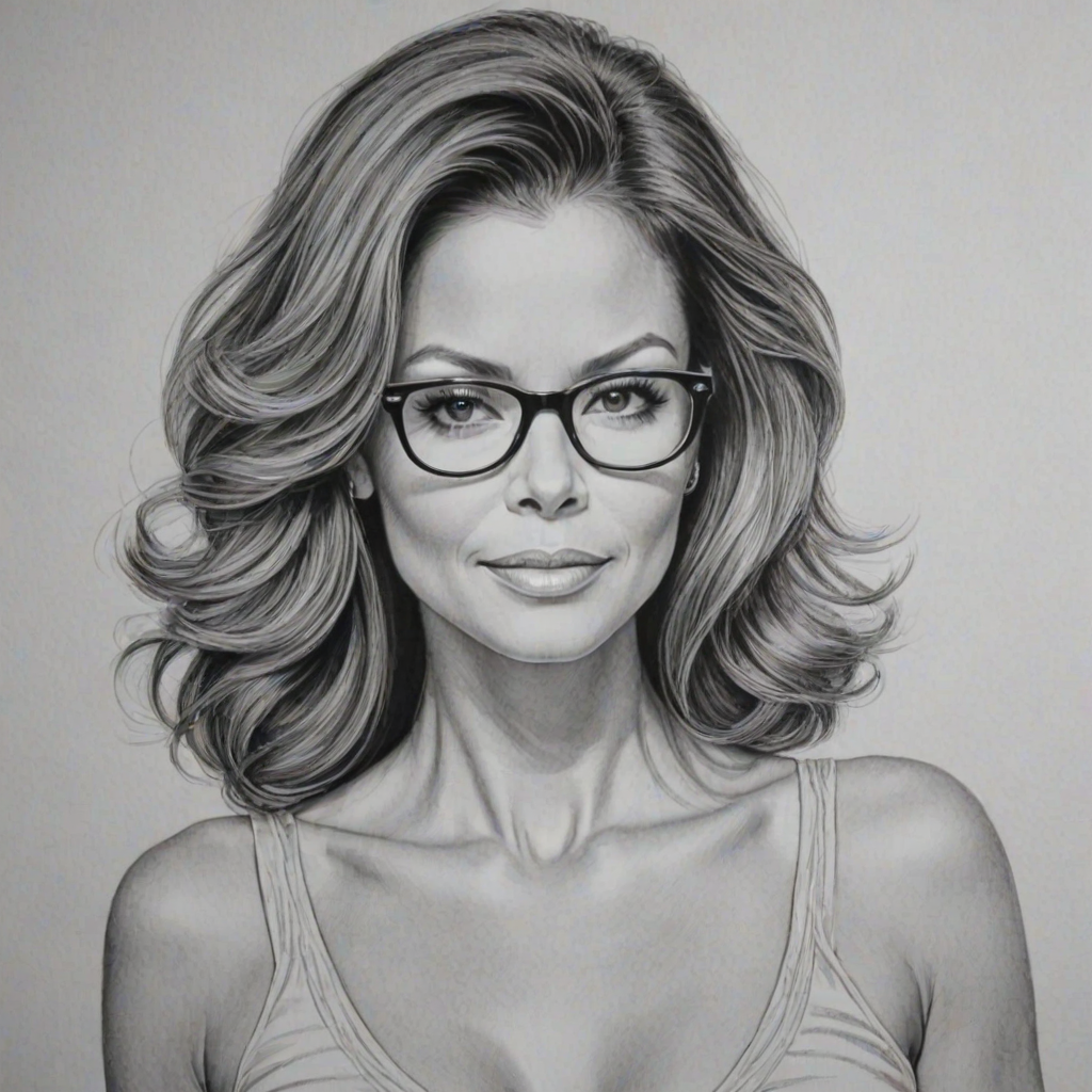 Dazzling Brooke Burke, pencil sketch, portrait of Graceful woman 1956s in glasses, hair style beatnik, outline, clear lines, fine lines, 8k