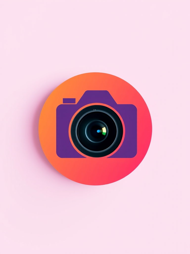 Create a high-resolution minimalist logo design of a camera icon with a circular lens in the center, featuring a vibrant pink to orange gradient background, shot with a DSLR camera at f/2.8, ISO 200, 50mm lens, angled view, natural lighting.