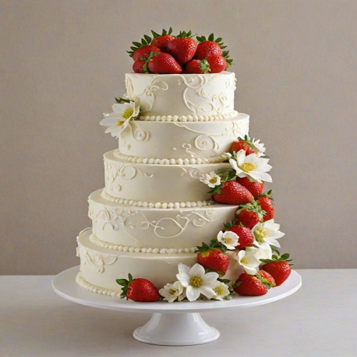 Create a three-tiered cake decorated with white frosting, fresh strawberries, and elegant flowers. The cake should have a smooth finish and feature intricate piping details. Add some tall, striking flowers emerging from the cake for a dramatic effect, all set against a plain white background.