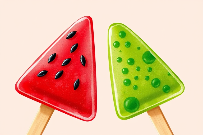 Create a vibrant illustration of two triangular popsicles, one red with black seeds resembling watermelon and one green with droplets, in high resolution, shot from a close-up angle using a DSLR camera with a 50mm lens, aperture f/2.8, ISO 100, and natural lighting to enhance colors and details.