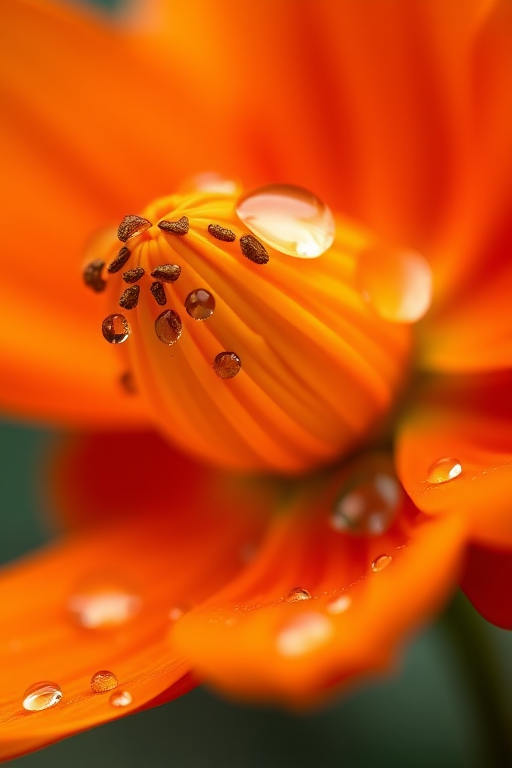 A close-up of a blooming orange flower with water droplets on its petals, soft blurred background, macro lens, f/2.8 aperture, ISO 100, 1/200 sec shutter speed, natural light.