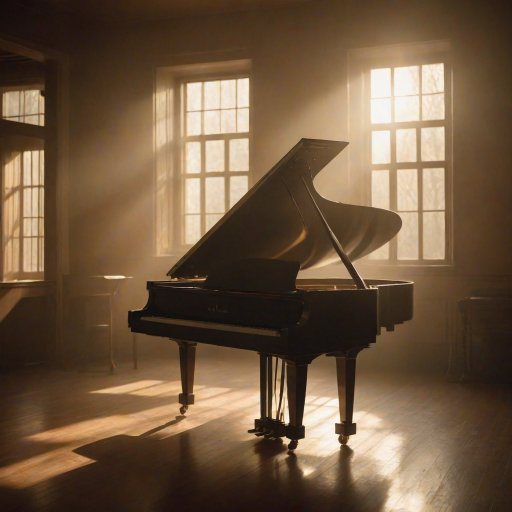 Softly lit image of a grand piano in a dimly lit room, soft sunlight streaming through tall windows, with dust particles dancing in the warm glow and the faint sound of distant music lingering in the air.
