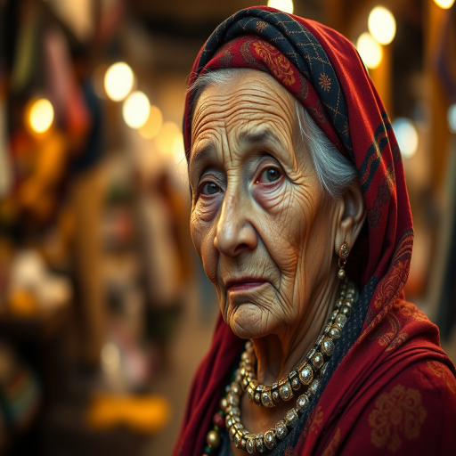 portrait of an elderly woman with intricate facial features, wearing a richly colored headscarf and layered jewelry, in a bustling market setting with warm ambient lighting, using a Canon EOS R5 with a 50mm lens, aperture f/1.8, ISO 100, 1/200s, shallow depth of field, soft focus background, high dynamic range.