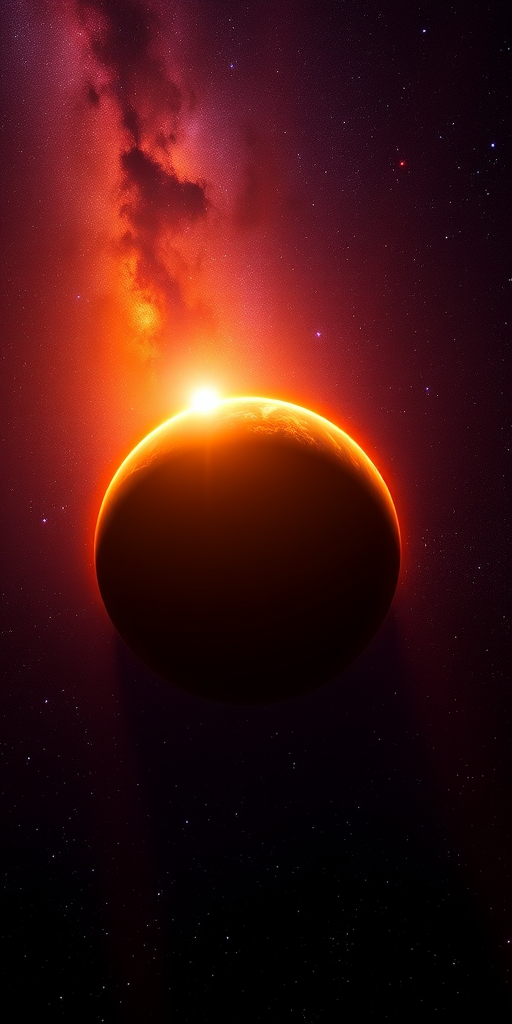 Capture a stunning cosmic scene featuring a glowing planet and a vibrant sunrise in space, with rich orange and purple hues, DSLR camera settings at f/2.8, ISO 100, 1/125s, wide-angle view, low-angle perspective, using HDR imaging techniques for enhanced detail and contrast.