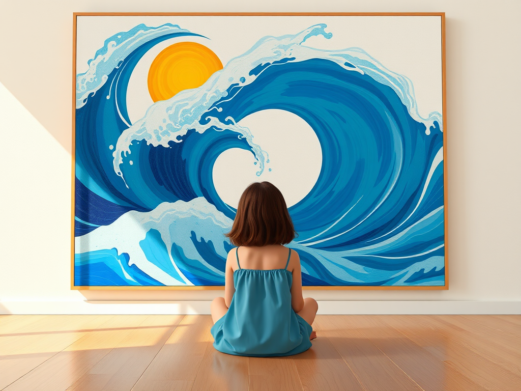 Create an illustration of a girl sitting on the floor facing a large abstract painting of swirling blue waves and a bright yellow sun, using a Canon EOS R5 with a 50mm f/1.8 lens, shallow depth of field, natural lighting, and a warm color palette.