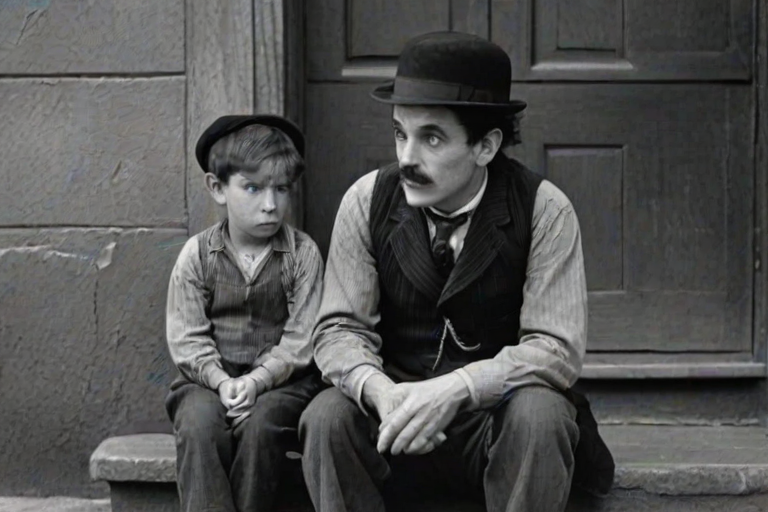 A black-and-white photograph of a man and a child sitting on steps in front of a doorway. The man is dressed as a tramp with a bowler hat, mustache, and ragged clothes, reminiscent of Charlie Chaplin's iconic look. He is sitting with his arms crossed and an expression of slight sadness or frustration. Next to him is a young boy, also in worn clothes and a cap, sitting with his hands clasped, looking thoughtful. The background is an old, textured wall and a partially open door, creating a vintage, early 20th-century atmosphere.