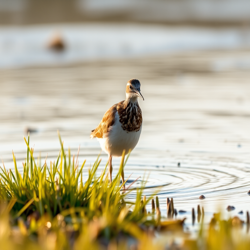Capture a close-up of a bird standing in shallow water with grass in the foreground, use a Canon EOS 5D Mark IV with a 100mm f/2.8 macro lens, ISO 400, aperture f/4, shutter speed 1/200 sec, focus on the bird with a soft background blur, natural lighting, morning light for added warmth.