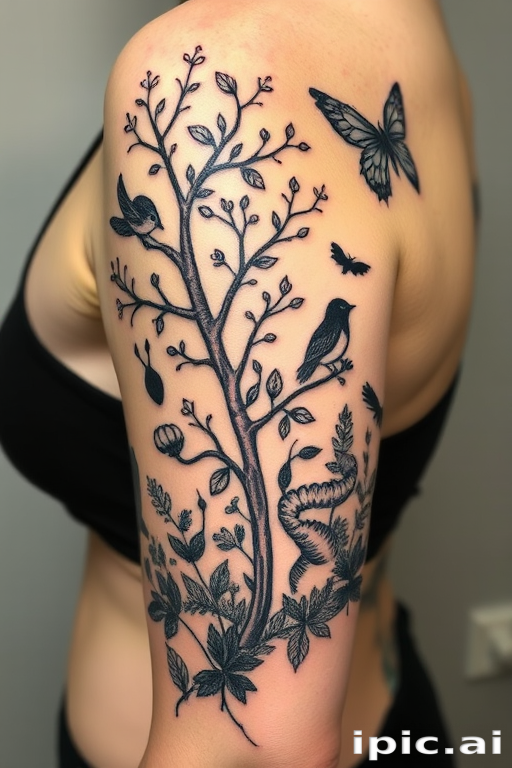 Illustrative blackwork tattoo called "Enchanted Forest" depicting whimsical woodland creatures and flora with bold black lines and negative space to create depth and contrast