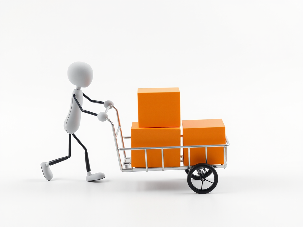 Generate an image of a 3D stick figure pushing a cart with three stacked orange boxes on a white background, using a Canon EOS R5 camera with a 50mm lens, aperture set to f/2.8, ISO 100, and a soft natural light setup.